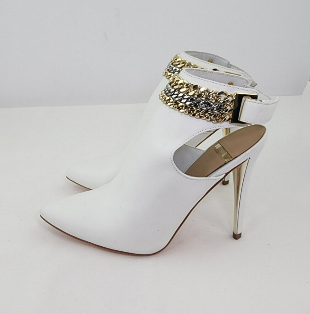 MARCIANO 38/8 M Chain Ankle Strap Booties White Leather Point Toe Boots Heels